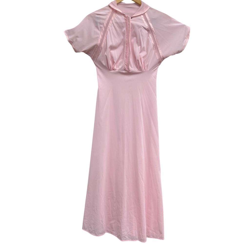 Vintage Pink Maxi long Nightgown Empire Waist Satin Trim Lace Short Sleeve Pink